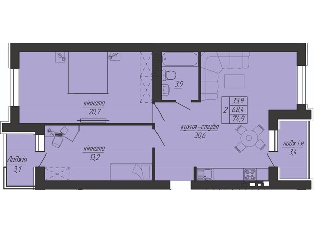 ЖК Панорама: планировка 2-комнатной квартиры 72.7 м²