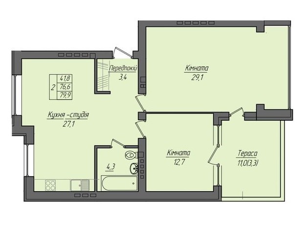 ЖК Панорама: планировка 2-комнатной квартиры 82.9 м²