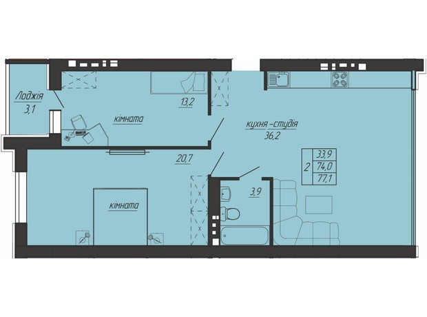 ЖК Панорама: планировка 2-комнатной квартиры 77 м²