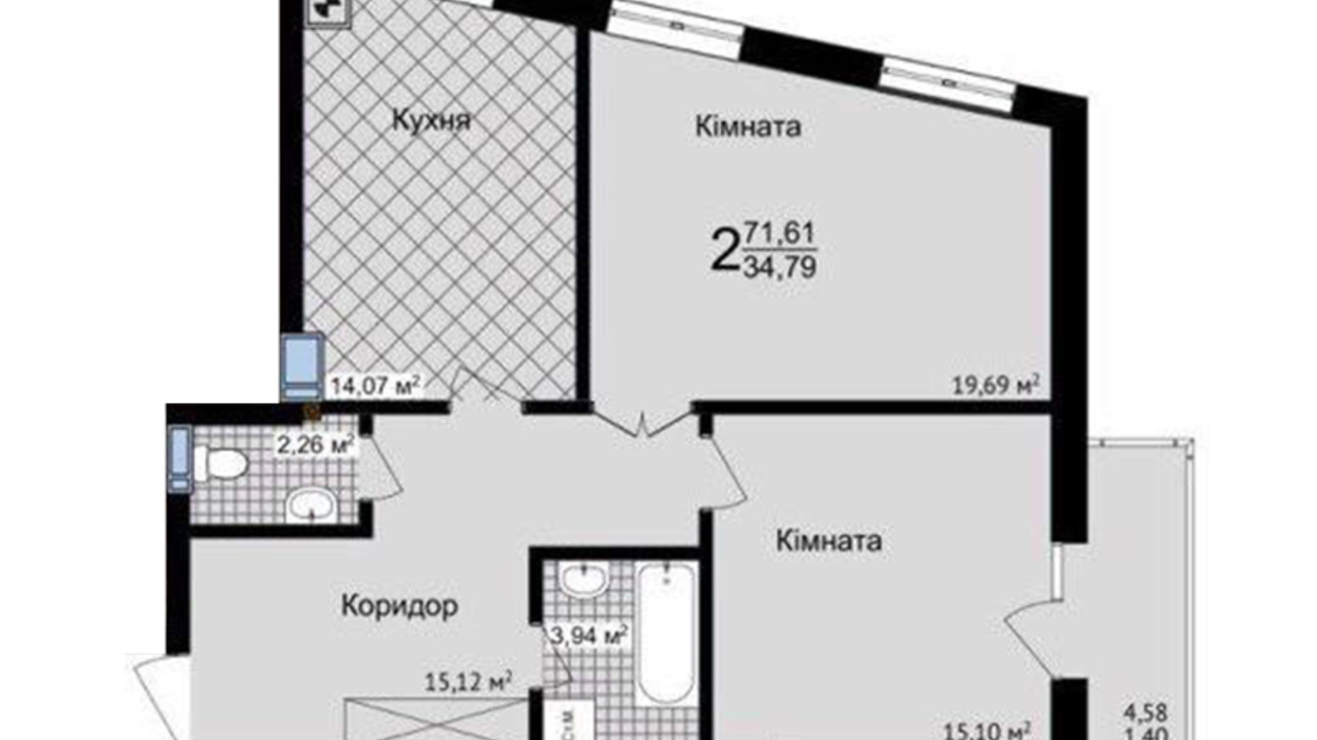 Планування 2-кімнатної квартири в ЖК Зелені Пагорби 71.61 м², фото 556048