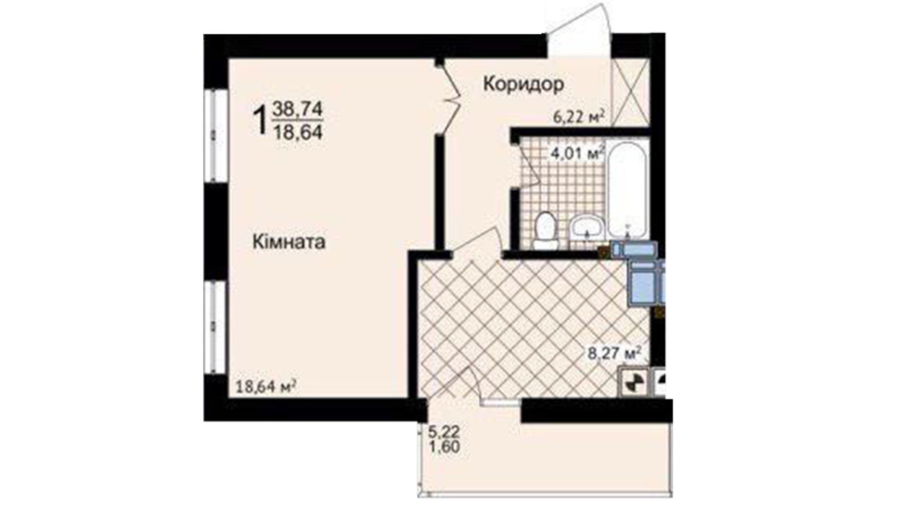 Планировка 1-комнатной квартиры в ЖК Зелені Пагорби 38.74 м², фото 556049