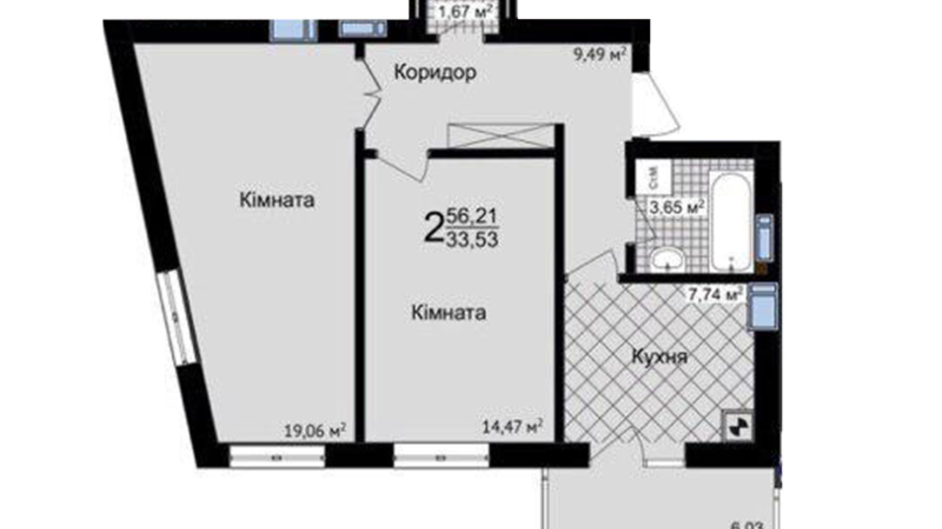Планировка 2-комнатной квартиры в ЖК Зелені Пагорби 56.21 м², фото 556050