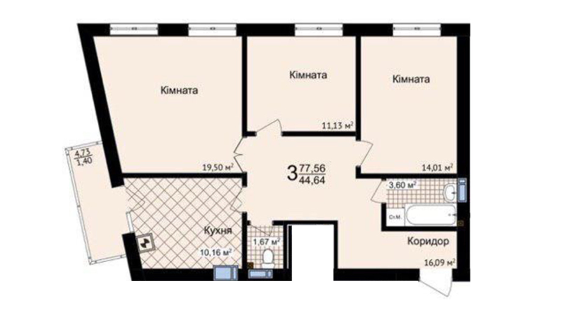 Планировка 3-комнатной квартиры в ЖК Зелені Пагорби 77.56 м², фото 556052