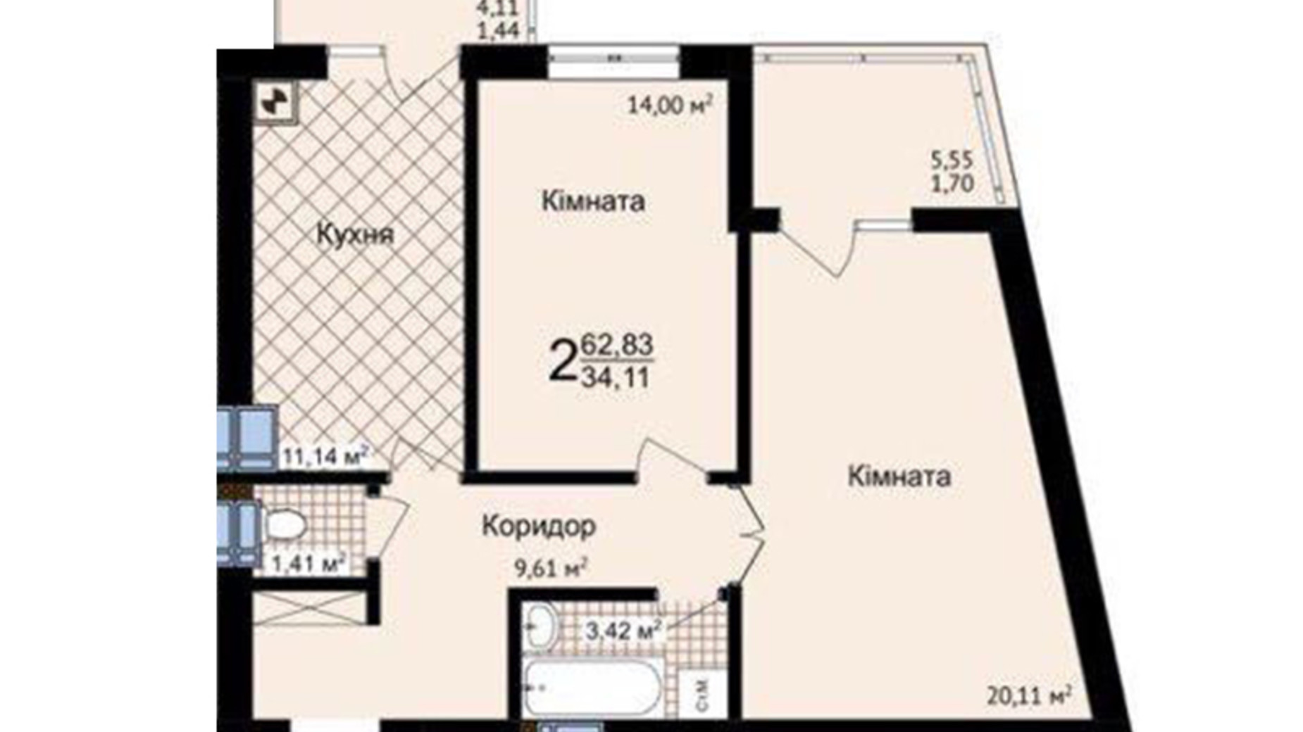 Планування 2-кімнатної квартири в ЖК Зелені Пагорби 62.83 м², фото 556053