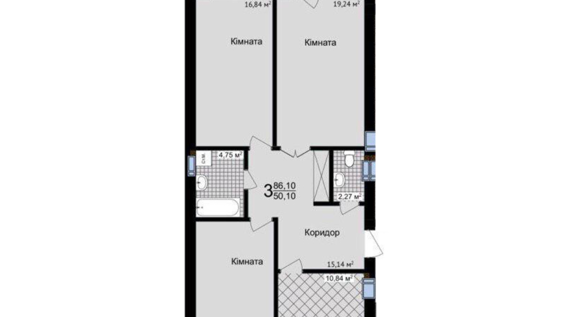 Планування 3-кімнатної квартири в ЖК Зелені Пагорби 86.1 м², фото 556055