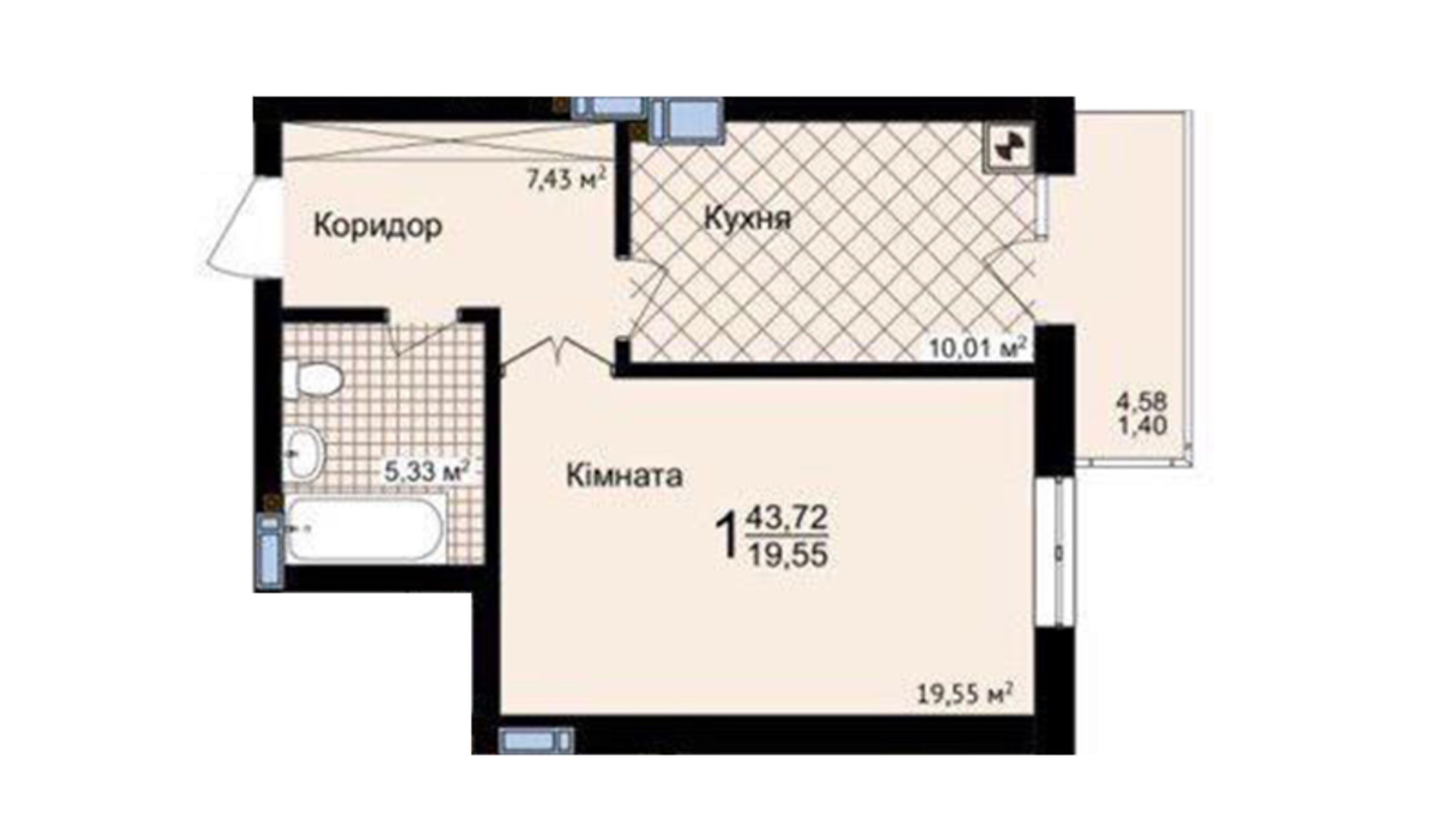 Планування 1-кімнатної квартири в ЖК Зелені Пагорби 43.72 м², фото 556056