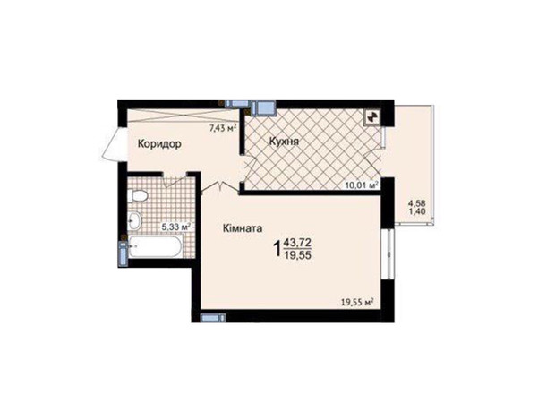ЖК Зелені Пагорби: планировка 1-комнатной квартиры 43.72 м²