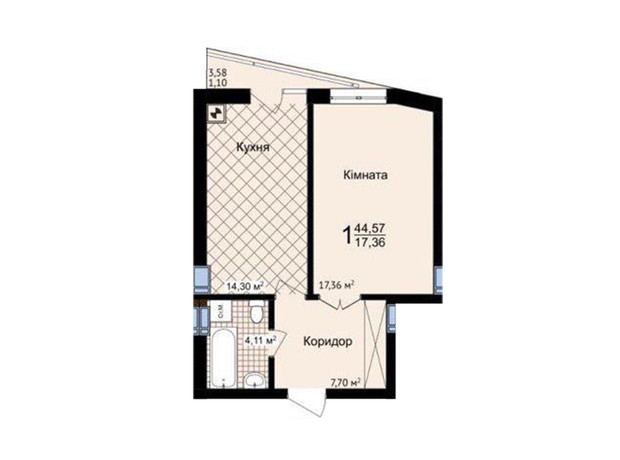 ЖК Зелені Пагорби: планування 1-кімнатної квартири 44.57 м²
