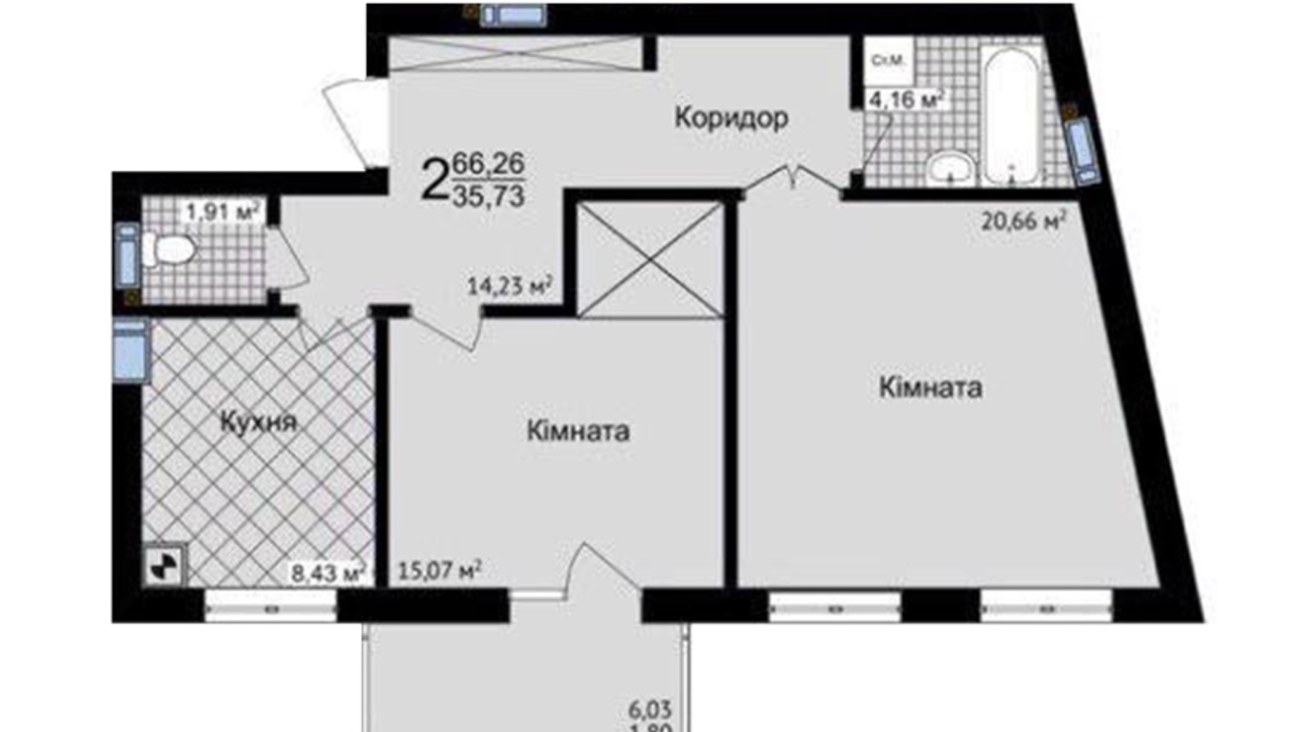Планування 2-кімнатної квартири в ЖК Зелені Пагорби 66.26 м², фото 556059