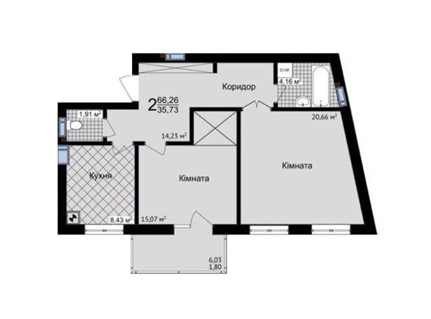 ЖК Зелені Пагорби: планування 2-кімнатної квартири 66.26 м²