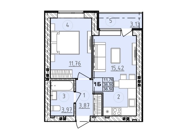 ЖК Сенсация: планировка 1-комнатной квартиры 38.5 м²