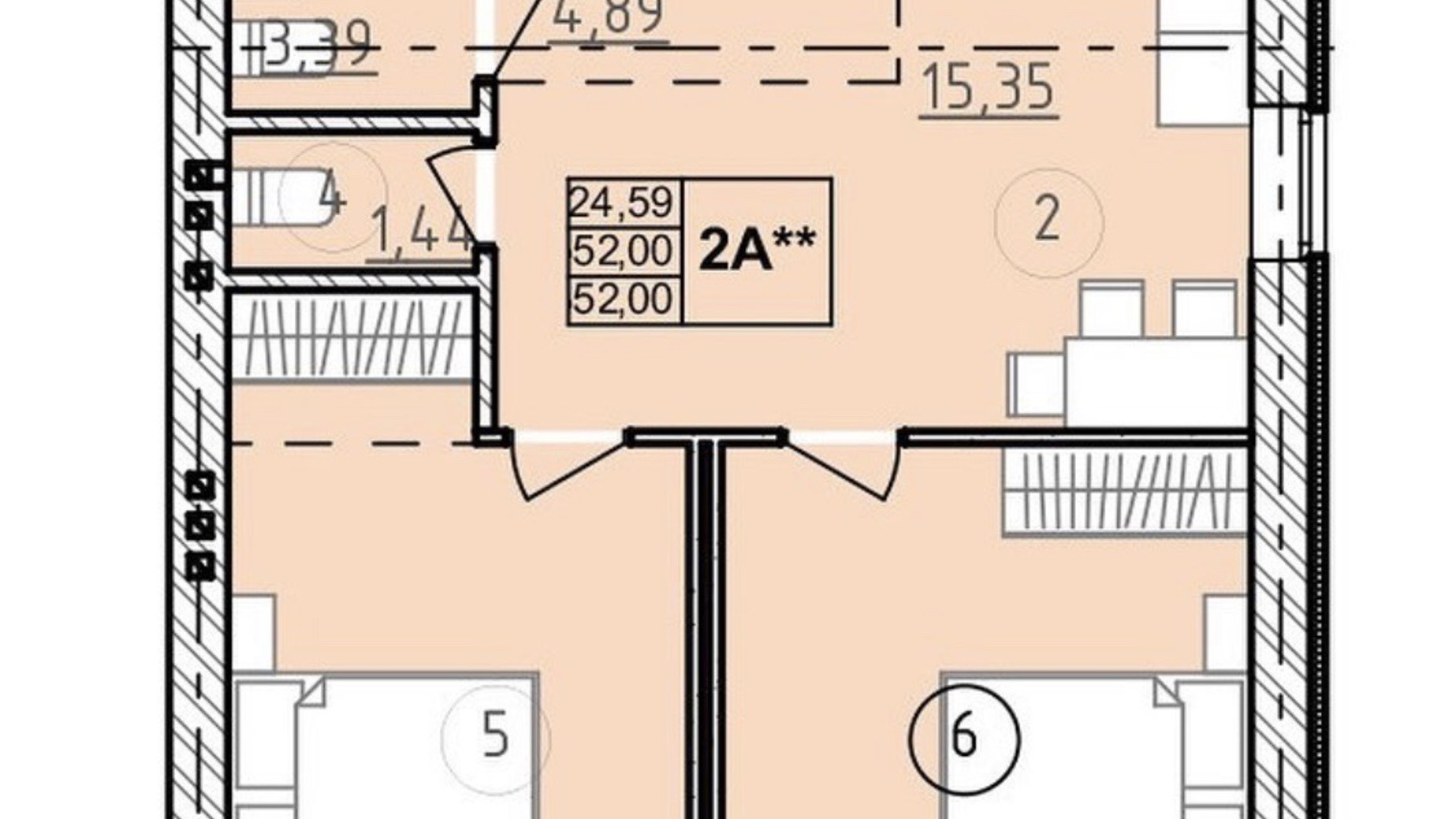 Планировка 2-комнатной квартиры в ЖК Сенсация 52 м², фото 556131
