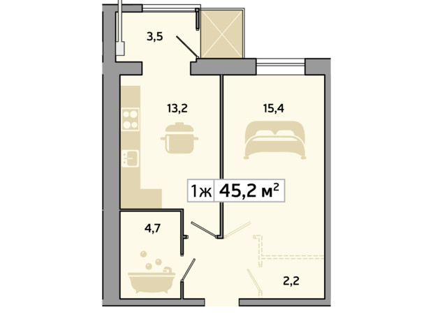 ЖК Дніпровська Брама 2: планування 1-кімнатної квартири 45.2 м²