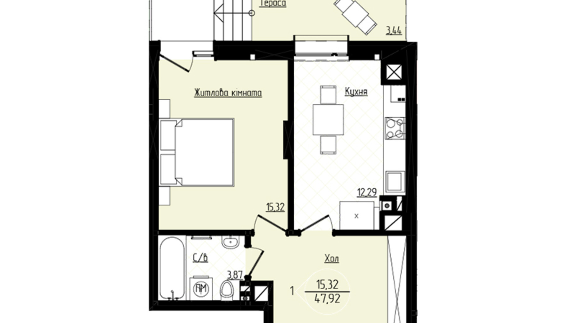 Планировка 1-комнатной квартиры в ЖК Янтарный 46.57 м², фото 556201