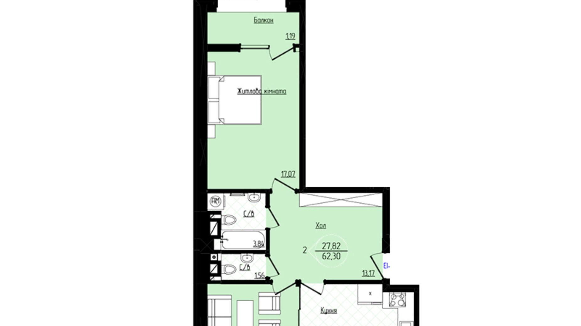 Планировка 2-комнатной квартиры в ЖК Янтарный 66.2 м², фото 556223