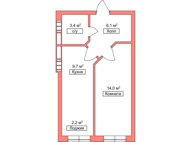 ЖК Smart Oseli: планировка 1-комнатной квартиры 35 м²