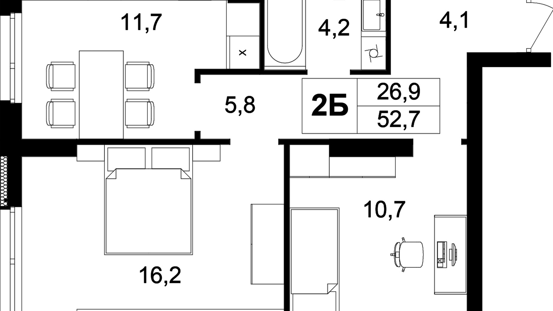 Планування 2-кімнатної квартири в ЖК Central Park Vinnytsia 52.7 м², фото 556907