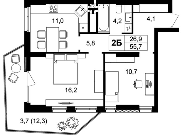 ЖК Central Park Vinnytsia: планировка 2-комнатной квартиры 68.6 м² ЖК Central Park Vinnytsia: планировка 2-комнатной квартиры 68.6 м²