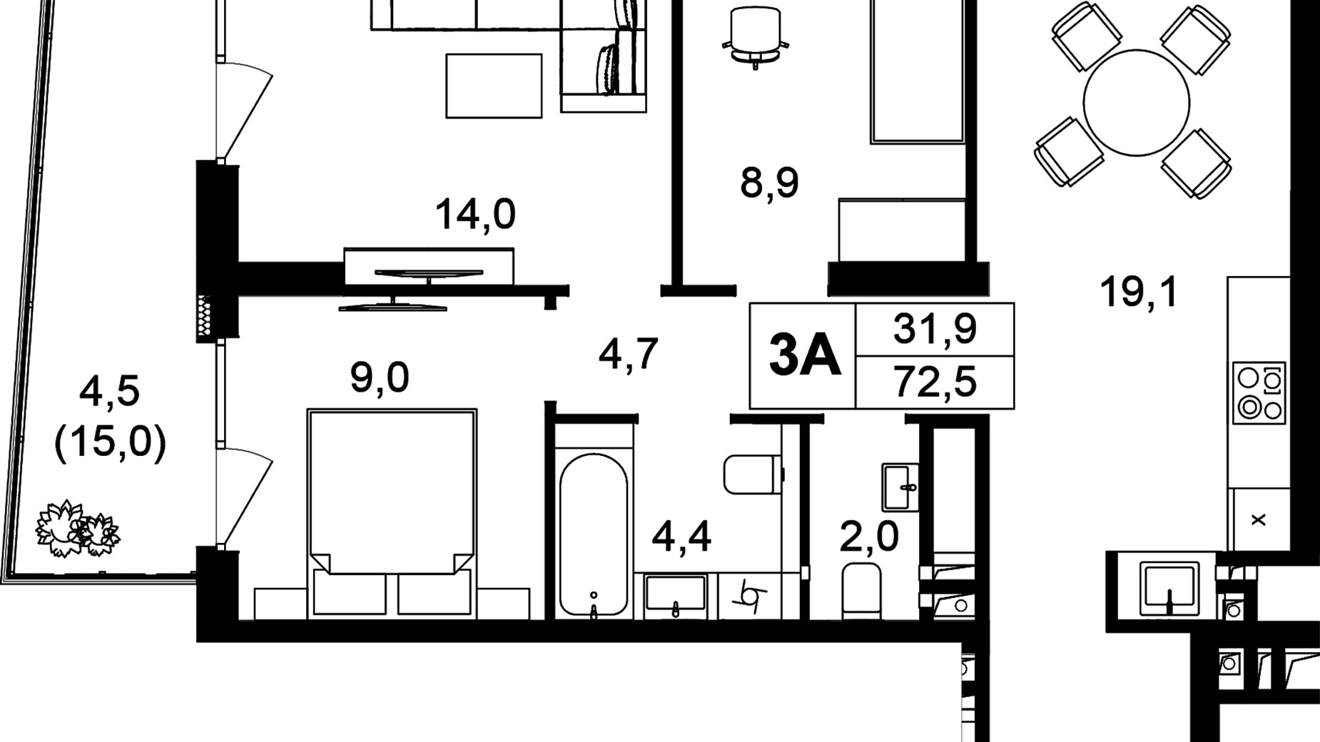 Планування 3-кімнатної квартири в ЖК Central Park Vinnytsia 72.5 м², фото 556913