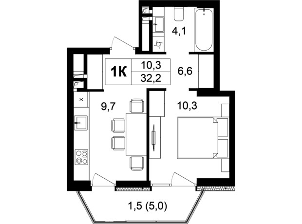 ЖК Central Park Vinnytsia: планировка 1-комнатной квартиры 28.3 м²