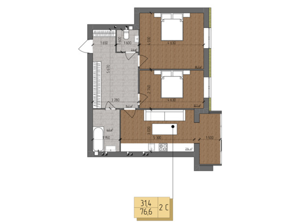 ЖК Nova Koreя: планування 2-кімнатної квартири 76.6 м²