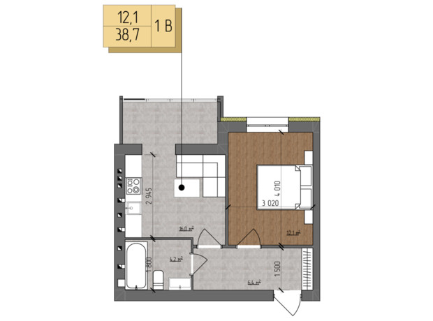 ЖК Nova Koreя: планування 1-кімнатної квартири 38.1 м²