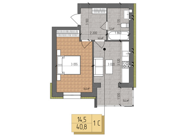 ЖК Nova Koreя: планировка 1-комнатной квартиры 40.8 м²
