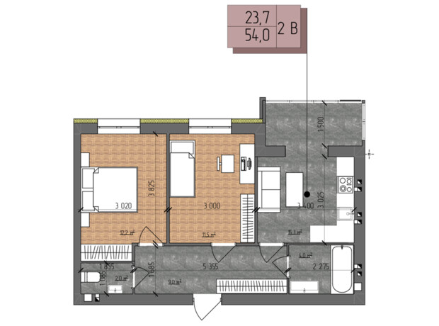 ЖК Nova Koreя: планування 2-кімнатної квартири 53.9 м²