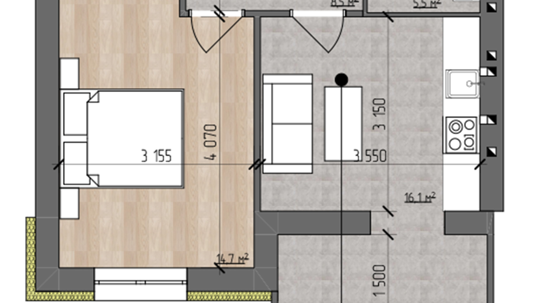 Планування 1-кімнатної квартири в ЖК Nova Koreя 44.8 м², фото 557102