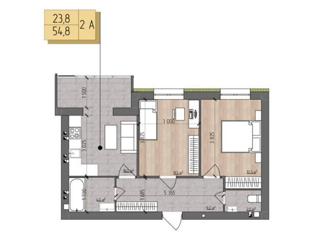 ЖК Nova Koreя: планування 2-кімнатної квартири 54.8 м²