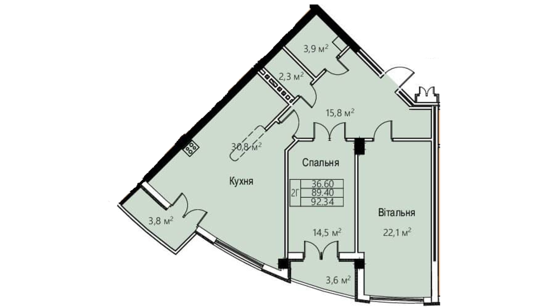 Планування 2-кімнатної квартири в ЖК Трускавецька Фортеця 96.3 м², фото 557338