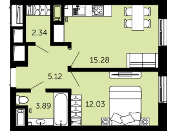 ЖК Viking Hills: планування 1-кімнатної квартири 38.66 м²