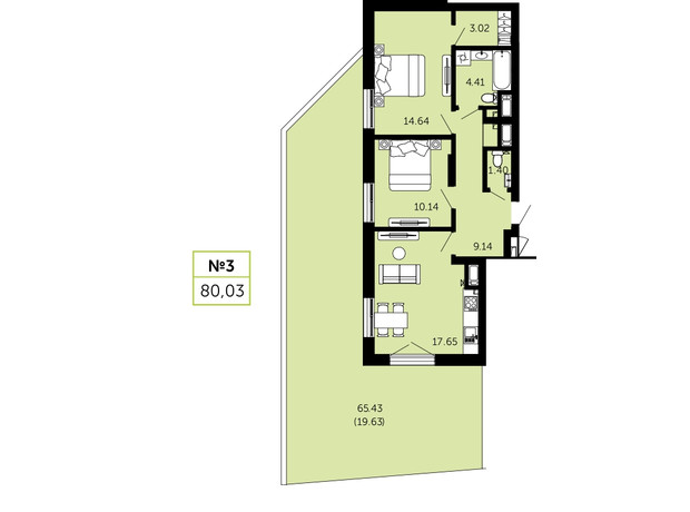 ЖК Viking Hills: планування 3-кімнатної квартири 80.03 м²