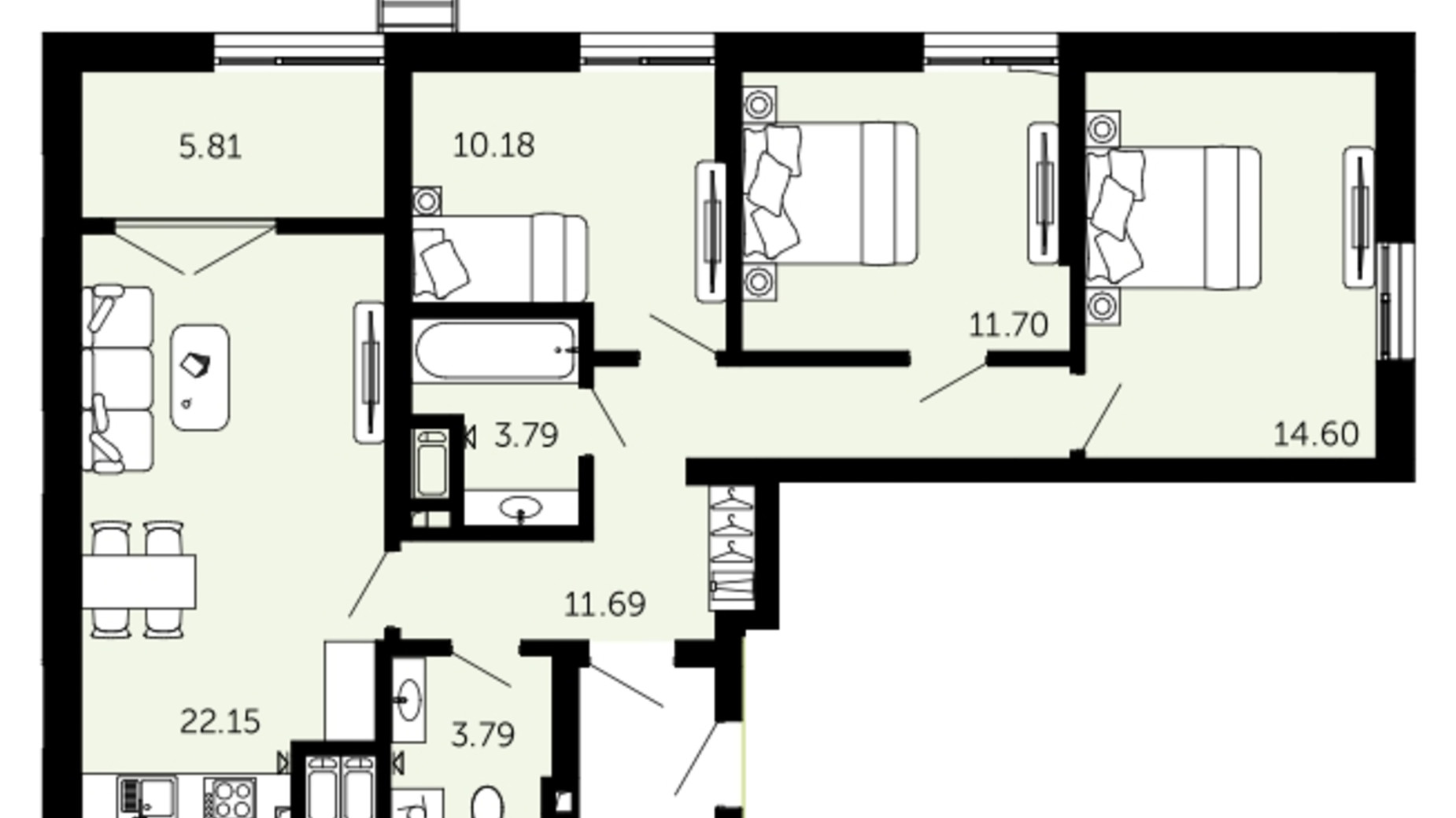 Планировка 3-комнатной квартиры в ЖК Viking Hills 83.71 м², фото 557702