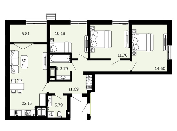 ЖК Viking Hills: планування 3-кімнатної квартири 83.71 м²