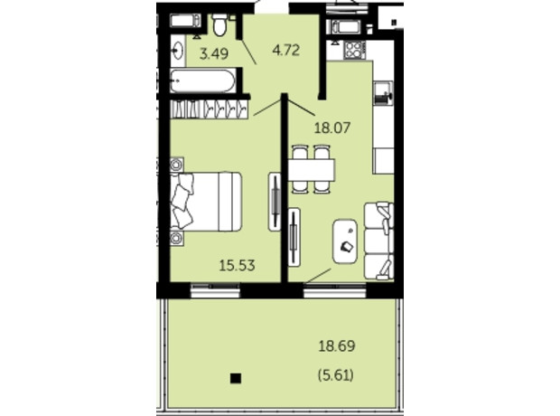 ЖК Viking Hills: планировка 1-комнатной квартиры 47.42 м²