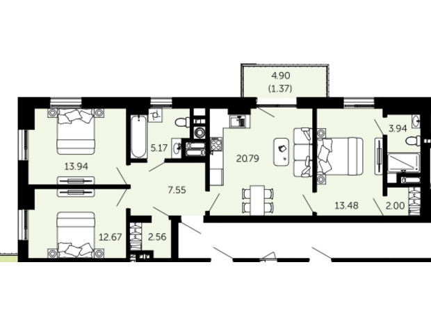 ЖК Viking Hills: планировка 3-комнатной квартиры 83.57 м²