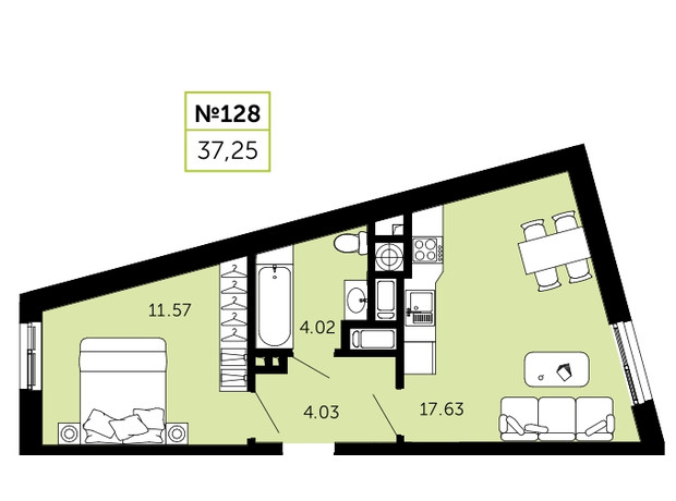 ЖК Viking Hills: планування 1-кімнатної квартири 37.25 м²