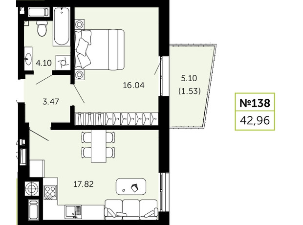 ЖК Viking Hills: планування 1-кімнатної квартири 42.96 м²