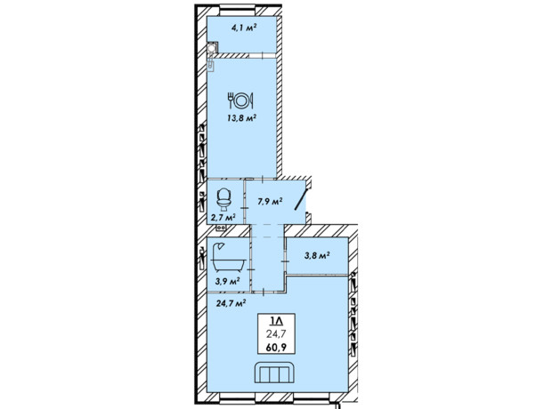 ЖК Рідний Дім: планування 1-кімнатної квартири 60.9 м²