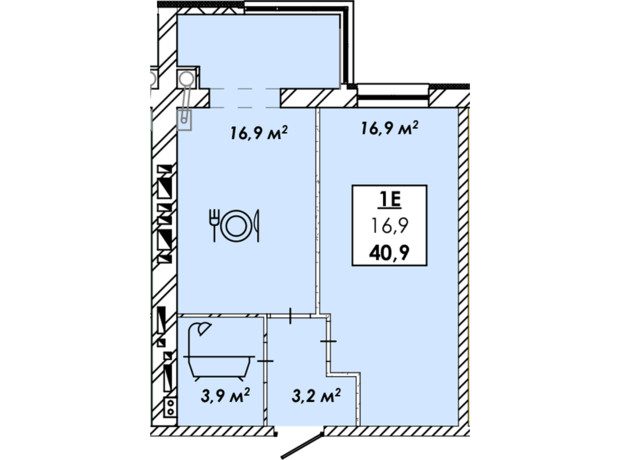 ЖК Рідний Дім: планування 1-кімнатної квартири 40.9 м²