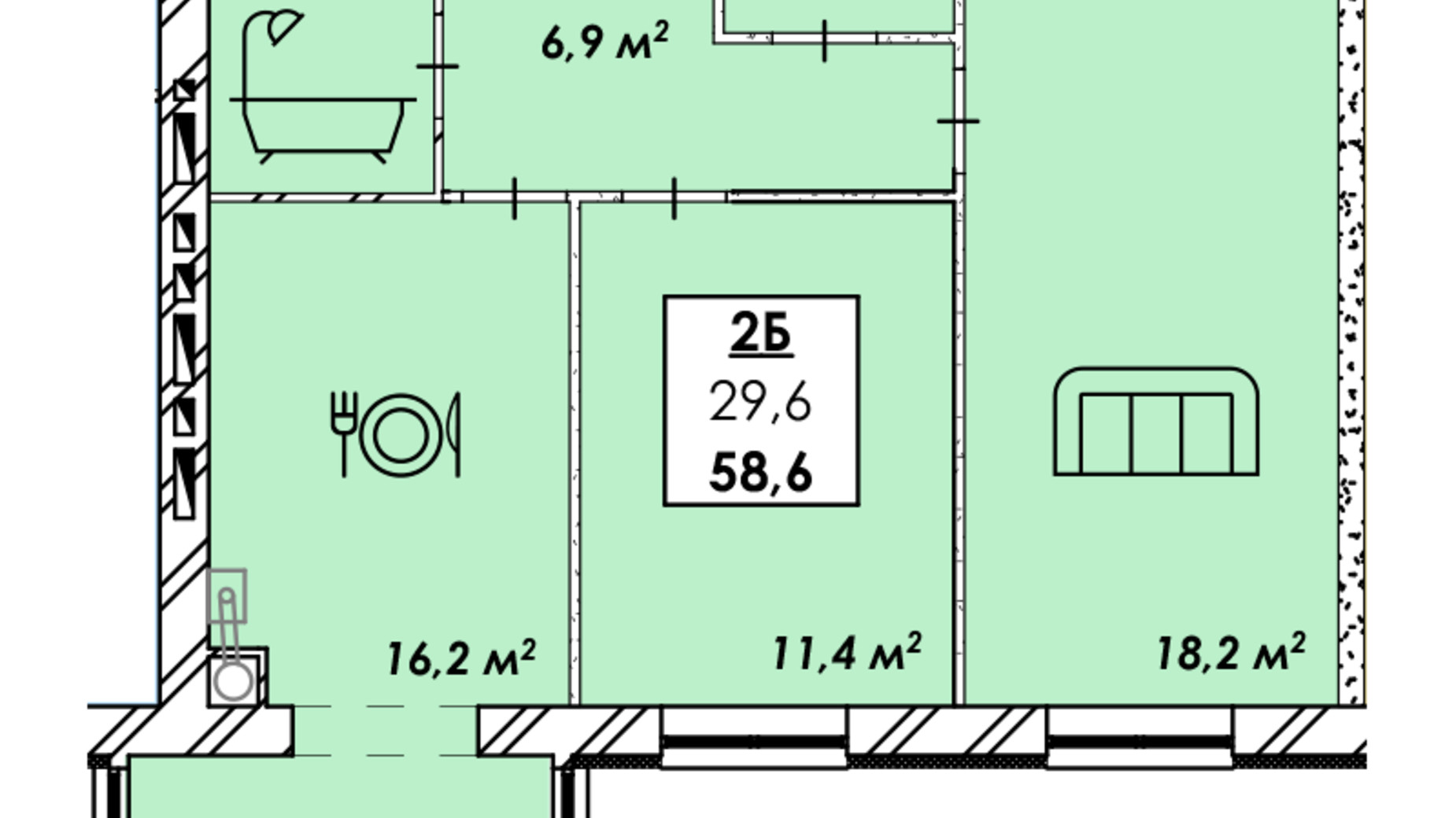 Планування 2-кімнатної квартири в ЖК Рідний Дім 58.6 м², фото 557949