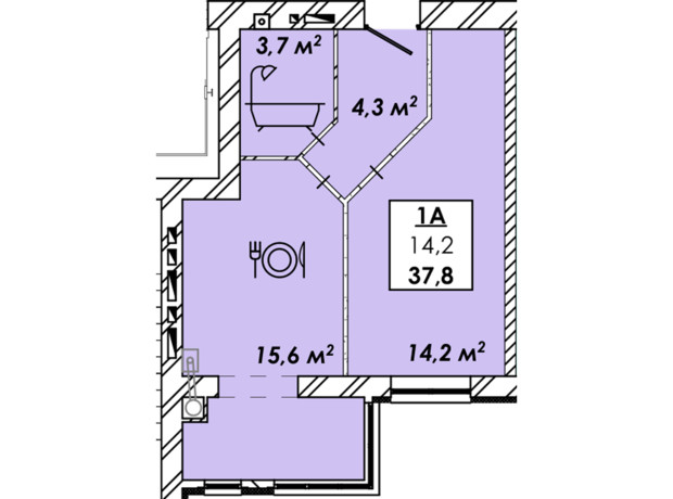 ЖК Рідний Дім: планування 1-кімнатної квартири 37.8 м²