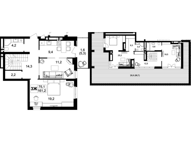 ЖК Central Park Vinnytsia: планировка 3-комнатной квартиры 161.2 м²