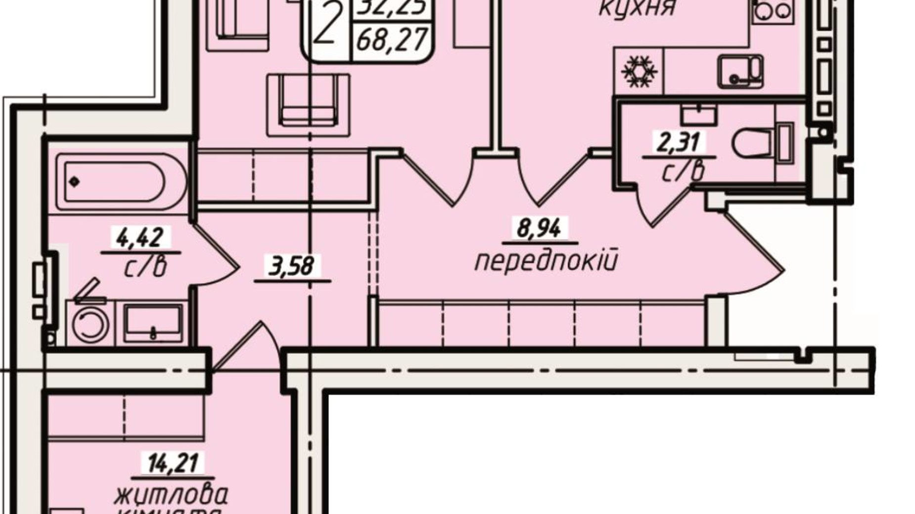 Планування 2-кімнатної квартири в ЖК Західний 68.27 м², фото 558077