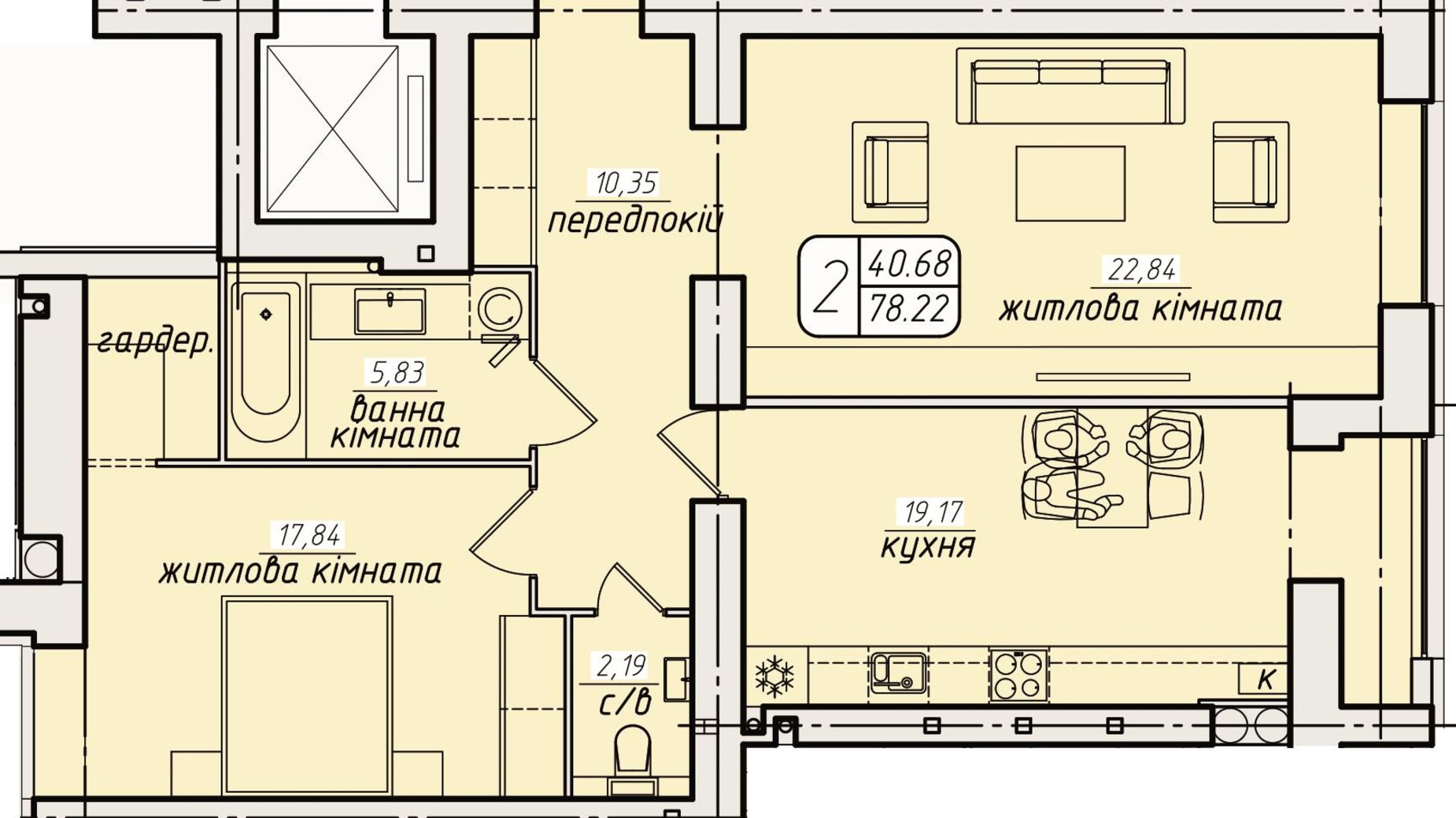 Планировка 2-комнатной квартиры в ЖК Западный 78.22 м², фото 558078