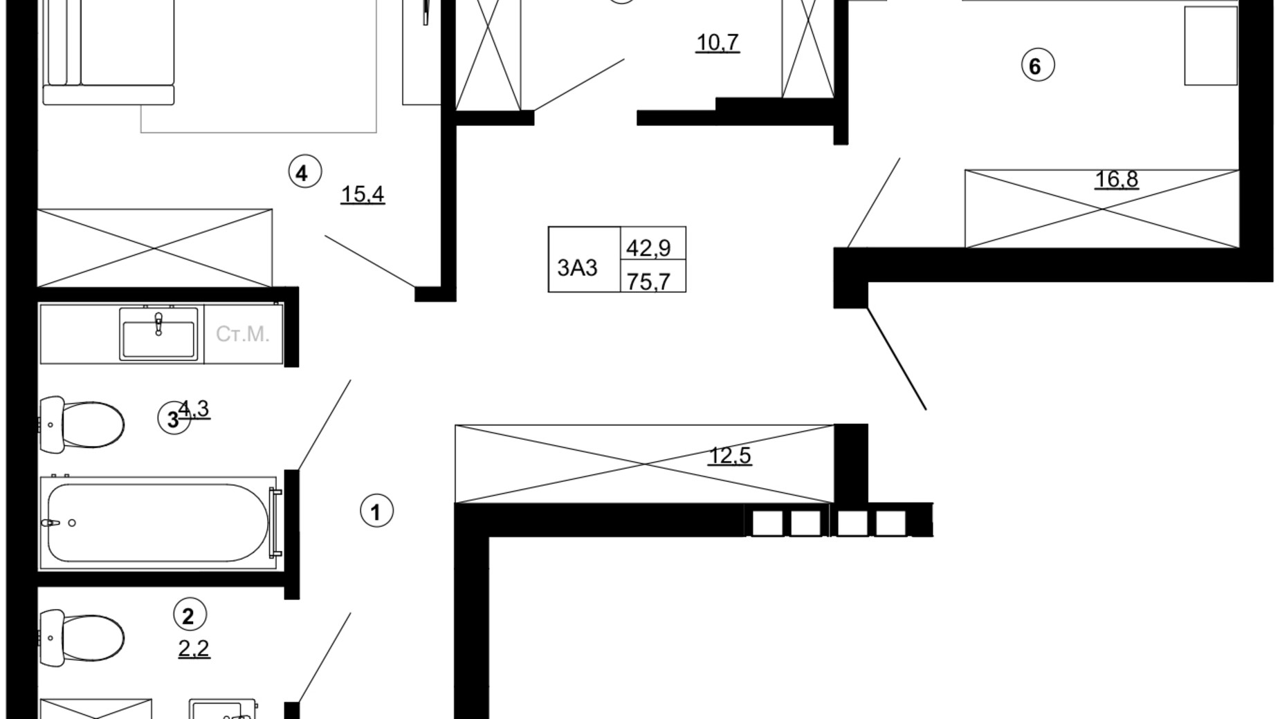 Планировка 3-комнатной квартиры в ЖК Paradise Avenue 75.7 м², фото 558140