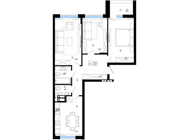 ЖК Paradise Avenue: планування 3-кімнатної квартири 75.7 м²