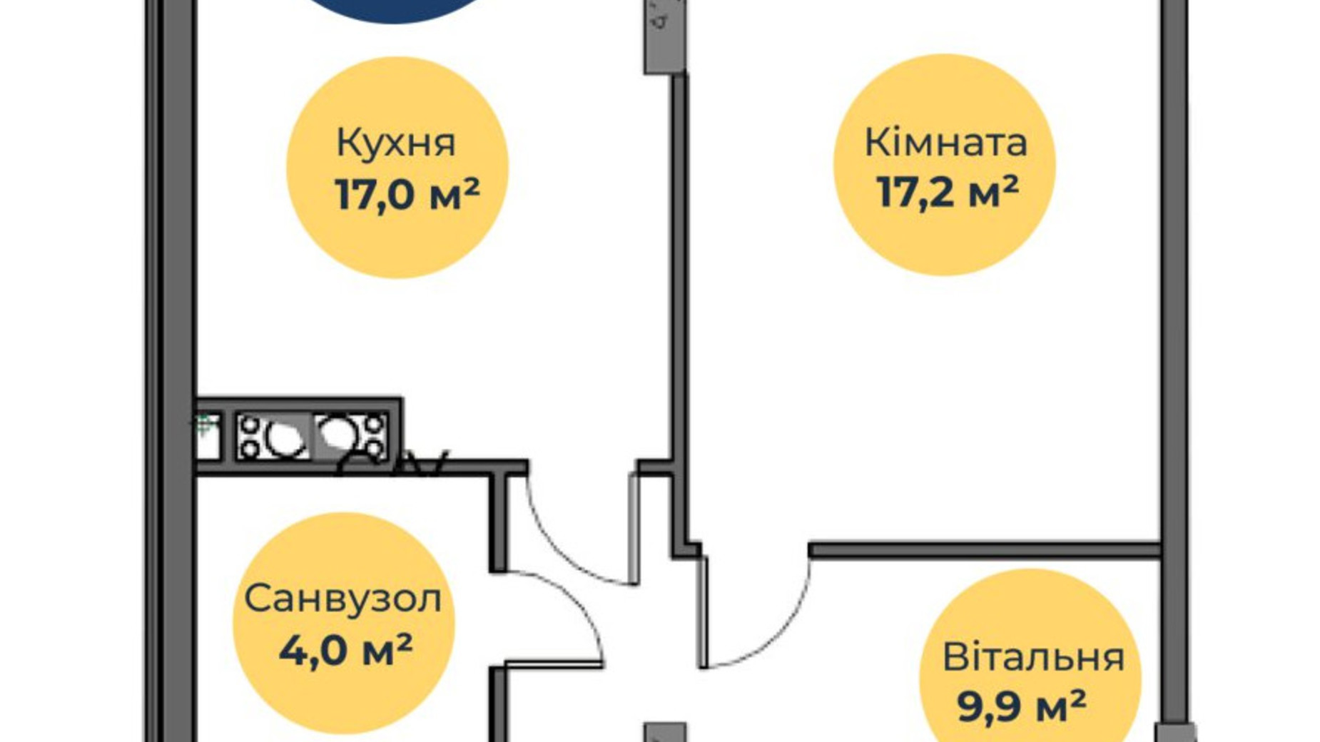 Планування 1-кімнатної квартири в ЖК Нова Європа 48.1 м², фото 558171