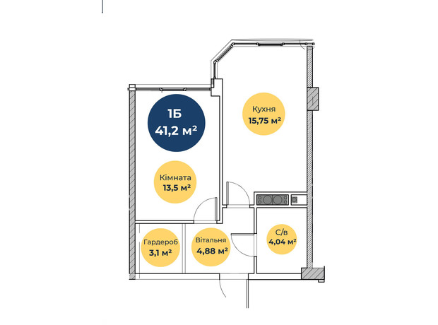 ЖК Новая Европа: планировка 1-комнатной квартиры 41.7 м²